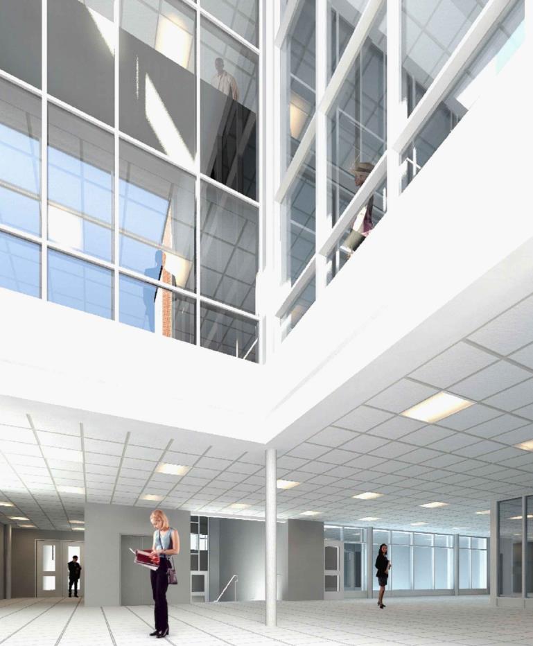 Interior rendering depicting the view on the first floor looking towards the stage and up into the atrium. Open Gallery